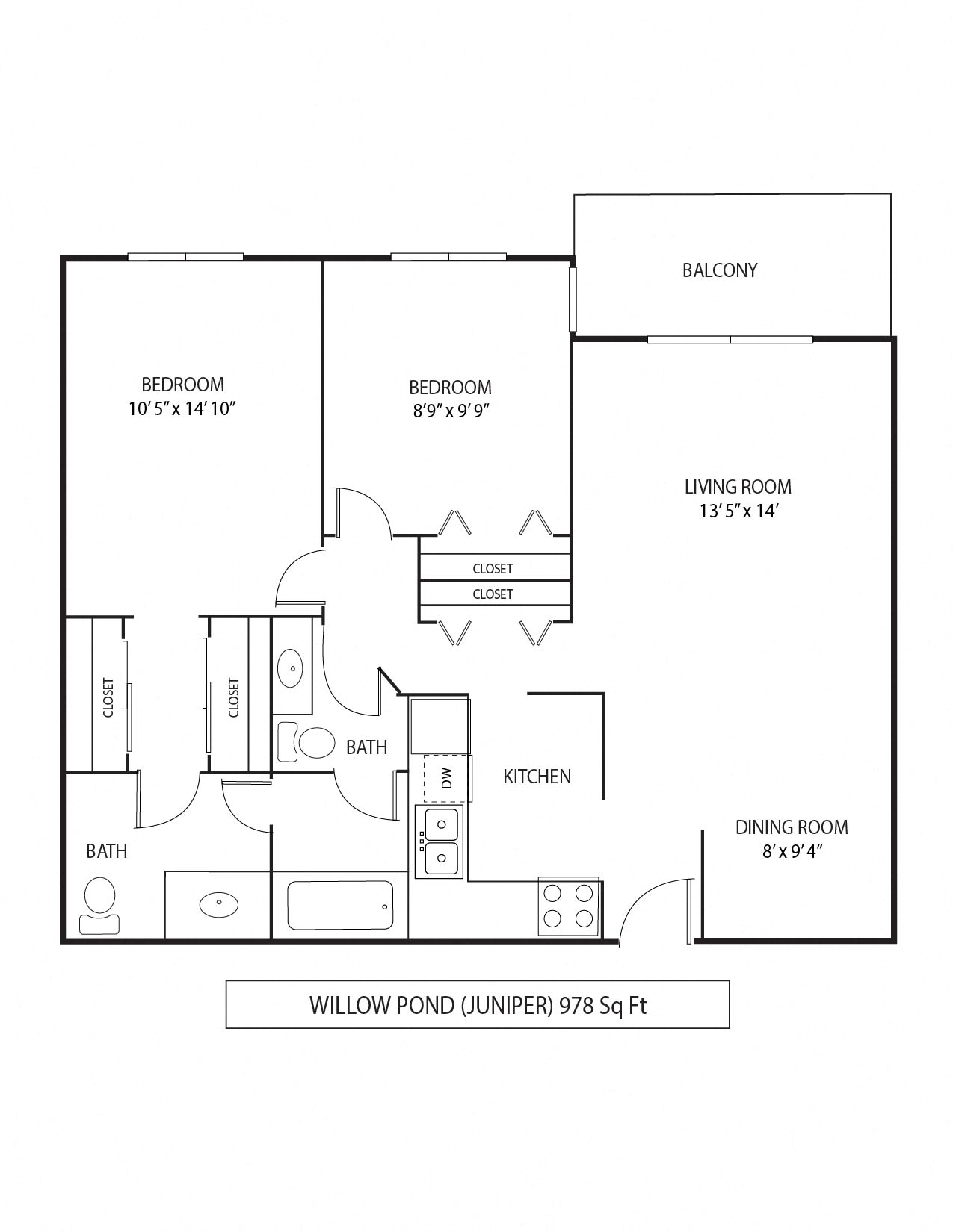 Floor plan for 2 beds, 1.5 baths, 978 sqft